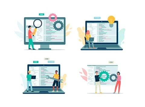 Programming code testers in front of browser page, flat vector illustration Stock Illustration