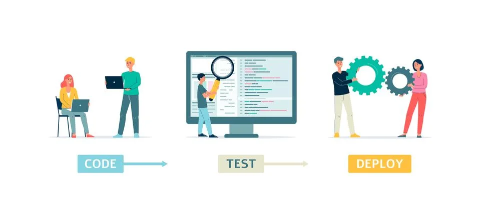 Programming code testing with programmers flat vector illustration isolated. Stock Illustration