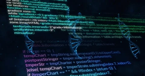 Programming code text floating over dark starry 3D render, DNA helices weaving Stock Footage 309101309