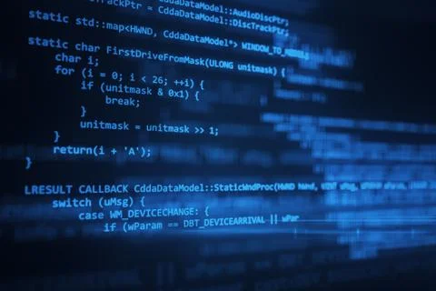 The programming code works through the computer screen terminal 3d illustrati 库存插图