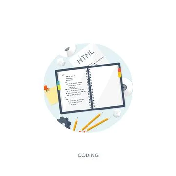 Programming coding and SEO. Flat computing background. Code hardware,software Stock Illustration