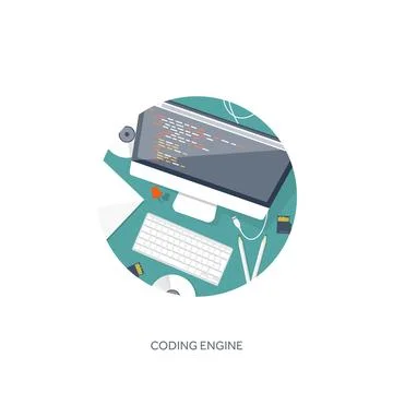 Programming coding and SEO. Flat computing background. Code hardware,software Stock Illustration