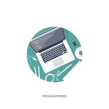 Programming coding and SEO. Flat computing background. Code hardware,software Stock Illustration