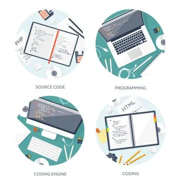Programming coding and SEO. Flat computing background. Code hardware,software Stock Illustration
