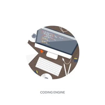 Programming coding and SEO. Flat computing background. Code hardware,software Stock Illustration