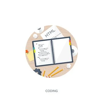 Programming coding and SEO. Flat computing background. Code hardware,software Stock Illustration