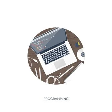 Programming coding and SEO. Flat computing background. Code hardware,software Stock Illustration
