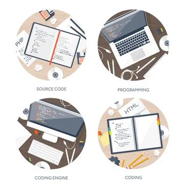 Programming coding and SEO. Flat computing background. Code hardware,software Stock Illustration