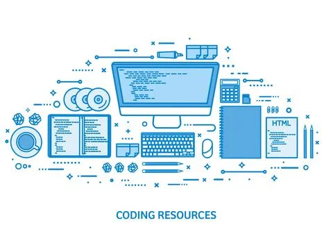 Programming, coding and SEO. Web development. Search engine optimization. Code Illustrazione stock