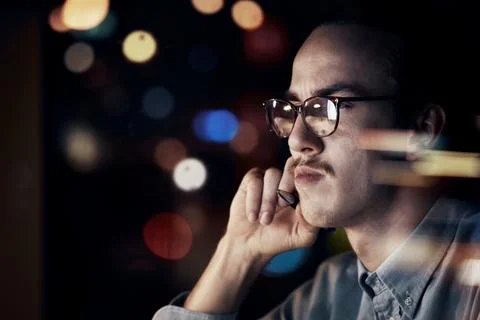 Programming, coding and thinking with businessman at night for software, idea Stock-Fotos