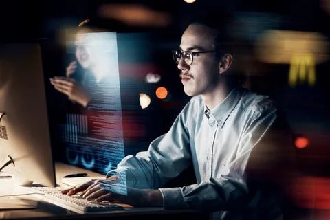 Programming, coding and website with man at computer for software, cyber and Stock Photos