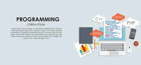 Programming Coding Concept Flat Background Vector Illustration Illustrazione stock