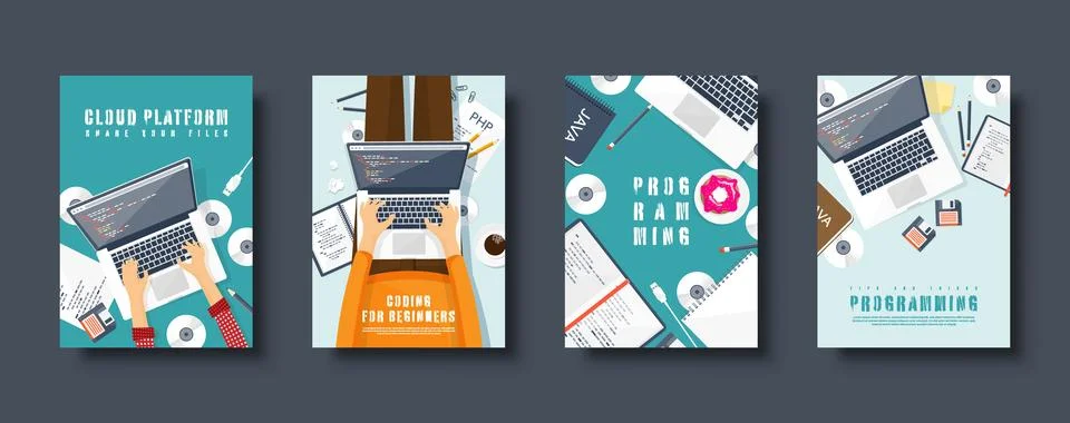 Programming coding flat style covers set. Computing background. Code, hardware Stock Illustration