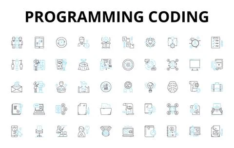 Programming coding linear icons set. Syntax, Algorithms, Debugging, Variables Illustrazione stock
