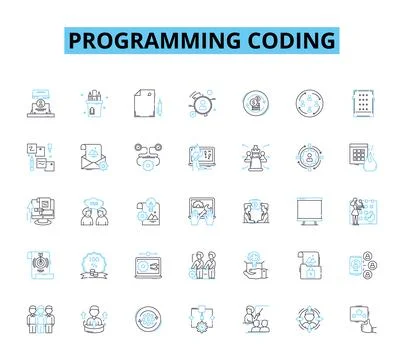 Programming coding linear icons set. Syntax, Algorithms, Debugging, Variables 스톡 일러스트