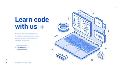 Programming coding soft development course isometric web banner monochrome ve 스톡 일러스트