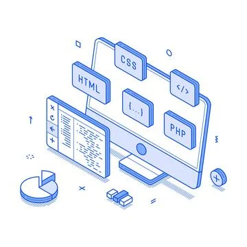 Programming coding testing computer software script development minimalist is Stock Illustration