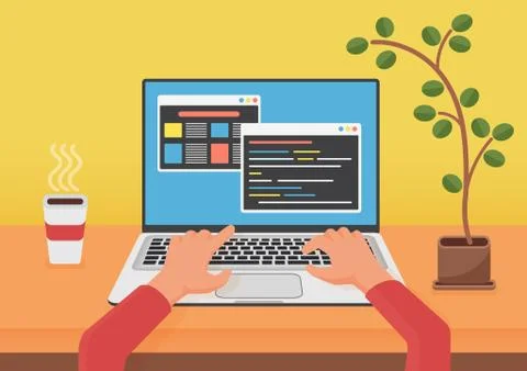Programming, coding web development concept. Programmer coder hands using laptop Stock-Illustration