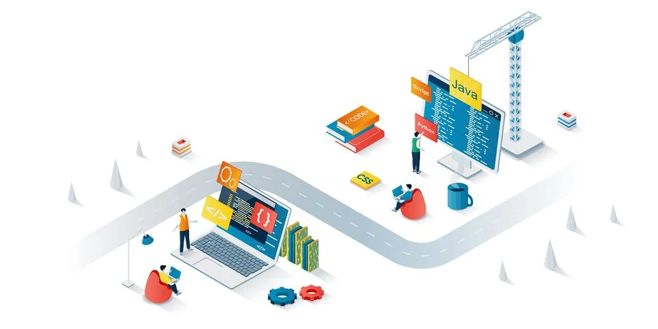 Programming company concept 3d isometric web banner. Vector illustration 스톡 일러스트