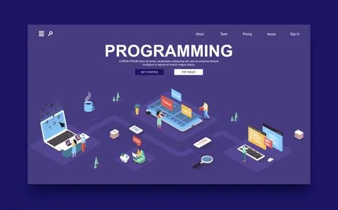 Programming company concept 3d isometric landing page template. People crea.. Illustrazione stock