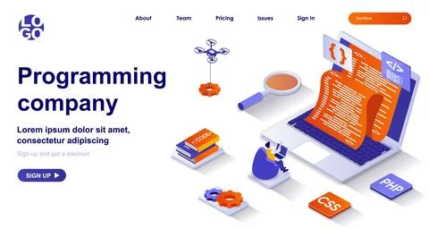 Programming company isometric landing page. Development of programs and app Stockillustratie