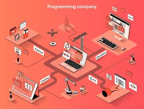 Programming company isometric web banner. Development and creation of softwar 스톡 일러스트
