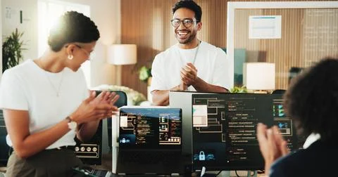 Programming, computer and man with team applause for sprint completion, bac.. Stock-Fotos