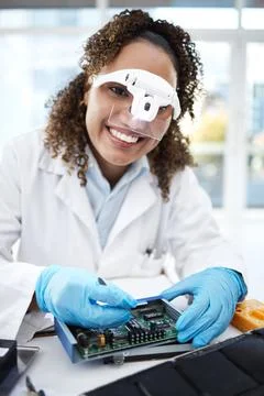 Programming, computer hardware and portrait of black woman with electronic cpu Stock-Fotos