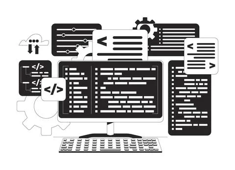 Programming computing black and white 2D line object Stock Illustration