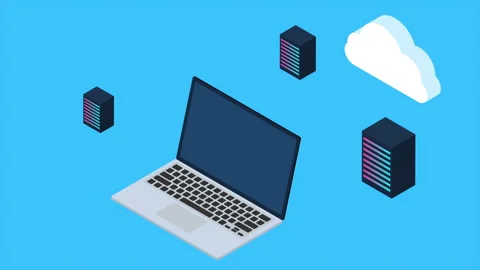 Programming concept animation. 3d isometric laptop, server, gear and cloud Stock Footage 289664286