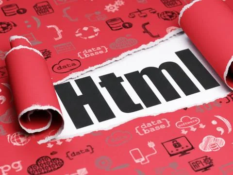 Programming concept: black text Html under the piece of  torn pape Stock Illustration