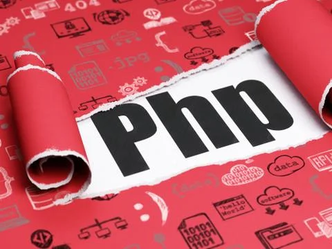 Programming concept: black text Php under the piece of  torn paper Stock Illustration