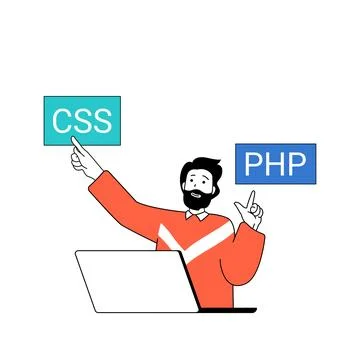 Programming concept with cartoon people in flat design for web. Man working a Stock Illustration