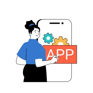 Programming concept with cartoon people in flat design for web. Woman working Stock Illustration