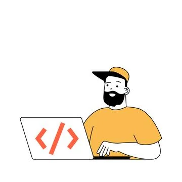 Programming concept with cartoon people in flat design for web. Man coding an 스톡 일러스트