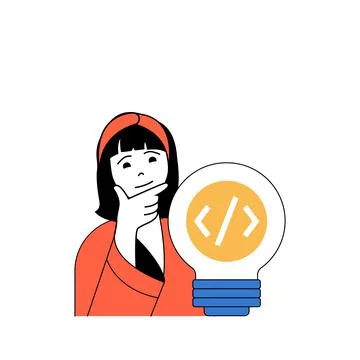 Programming concept with cartoon people in flat design for web. Woman brainst 스톡 일러스트