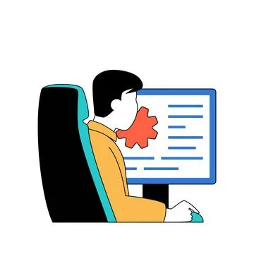Programming concept with cartoon people in flat design for web. Man coding an Stock Illustration