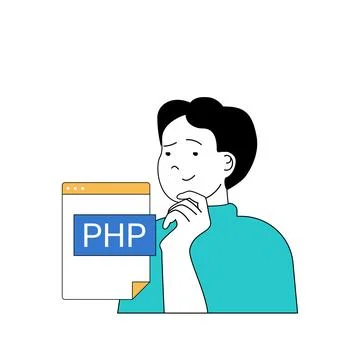 Programming concept with cartoon people in flat design for web. Man working w Stock Illustration