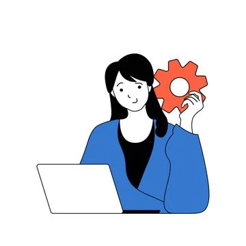 Programming concept with cartoon people in flat design for web. Woman working 스톡 일러스트