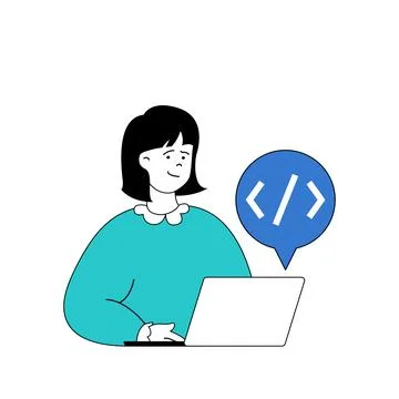 Programming concept with cartoon people in flat design for web. Woman creatin Stock Illustration