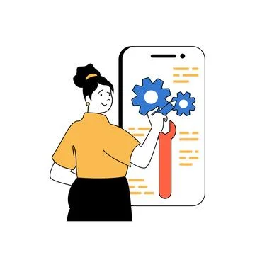 Programming concept with cartoon people in flat design for web. Woman working Stock Illustration