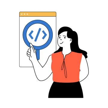 Programming concept with cartoon people in flat design for web. Woman works a Illustrazione stock