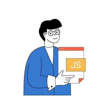 Programming concept with cartoon people in flat design for web. Man works as  Stock Illustration