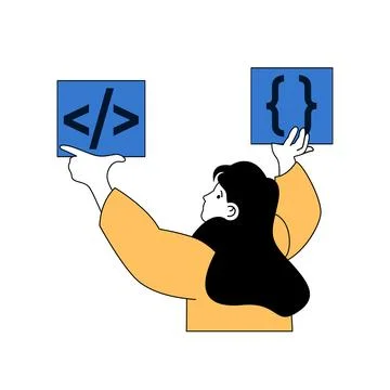 Programming concept with cartoon people in flat design for web. Woman creatin イラスト素材