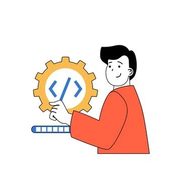 Programming concept with cartoon people in flat design for web. Man creating  Stockillustratie