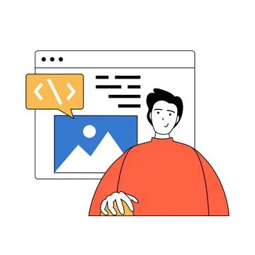 Programming concept with cartoon people in flat design for web. Man coding an Stock Illustration