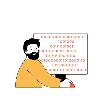 Programming concept with cartoon people in flat design for web. Man creating  Illustrazione stock