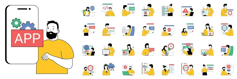 Programming concept with character situations mega set. Bundle of scenes peop Stock Illustration