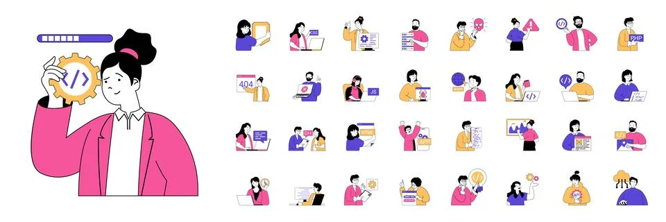 Programming concept with character situations mega set in flat web design. Bu Illustrazione stock