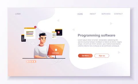Programming concept, Character web coder at work, vector illustration. Develo Stock Illustration